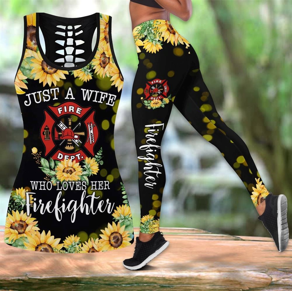 Sunflower Firefighter Wife Workout Set Combo Leggings And Hollow Tank Top For Women Gift For Dog Lovers