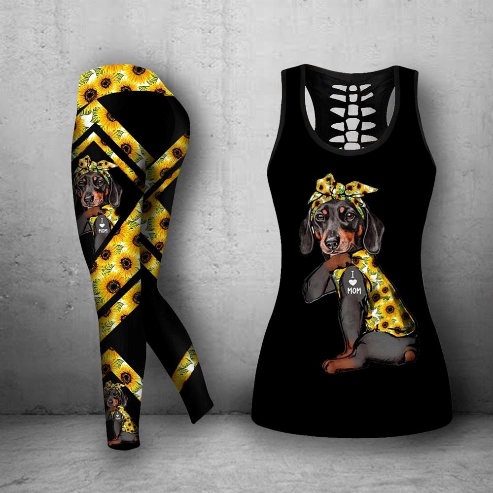 Sunflower Dachshund Workout Set Combo Leggings And Hollow Tank Top For Women Gift For Dog Lovers