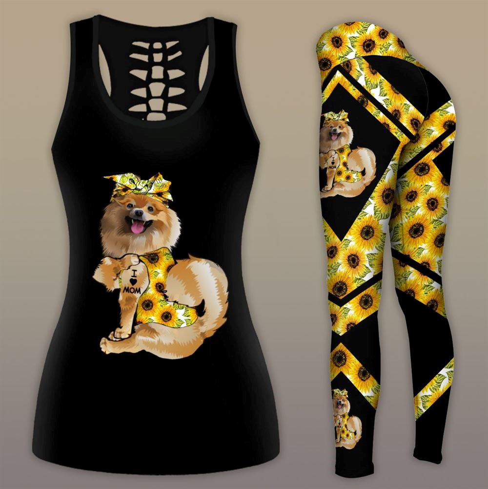 Sunflower Pomeranian Dog Workout Set Combo Leggings And Hollow Tank Top For Women Gift For Dog Lovers