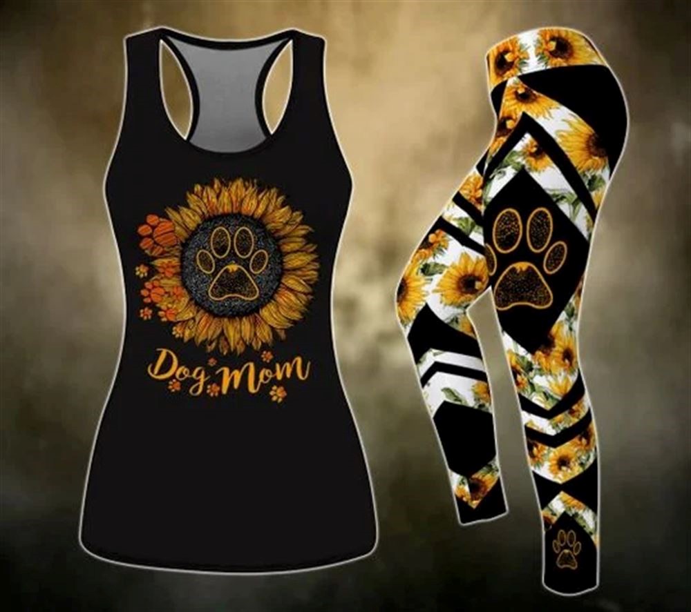 Sunflower Dog Mom Workout Set Combo Leggings And Hollow Tank Top For Women Gift For Dog Lovers