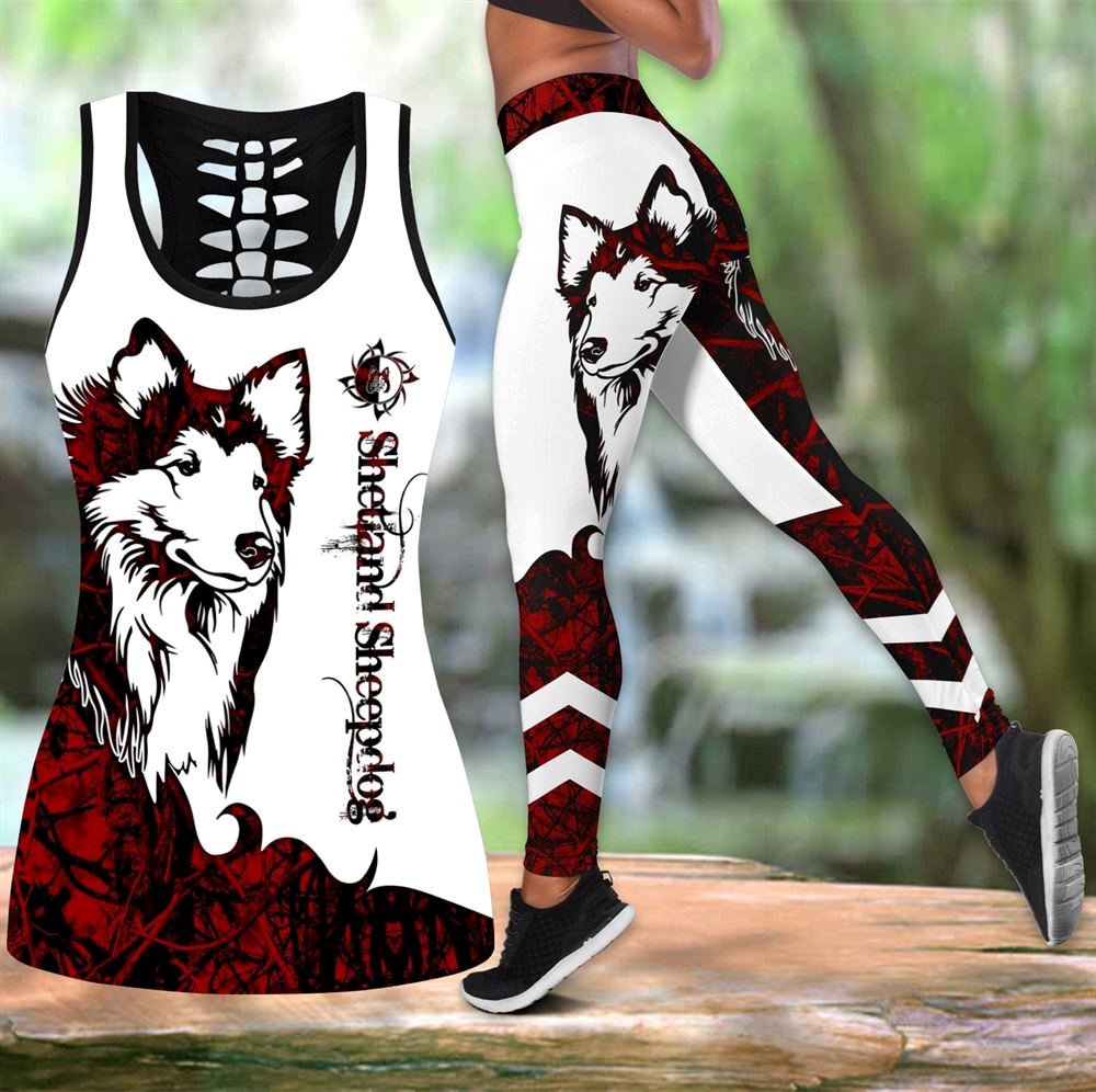 Shetland Sheepdog Red Tattoos Workout Set Combo Leggings And Hollow Tank Top For Women Dog Lovers Gift