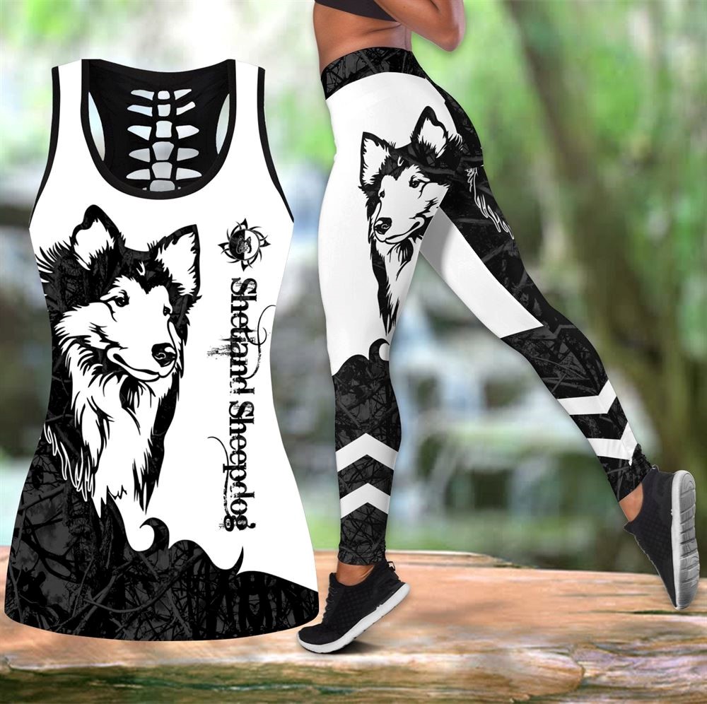 Shetland Sheepdog Black Tattoos Workout Set Combo Leggings And Hollow Tank Top For Women Gift For Dog Lovers