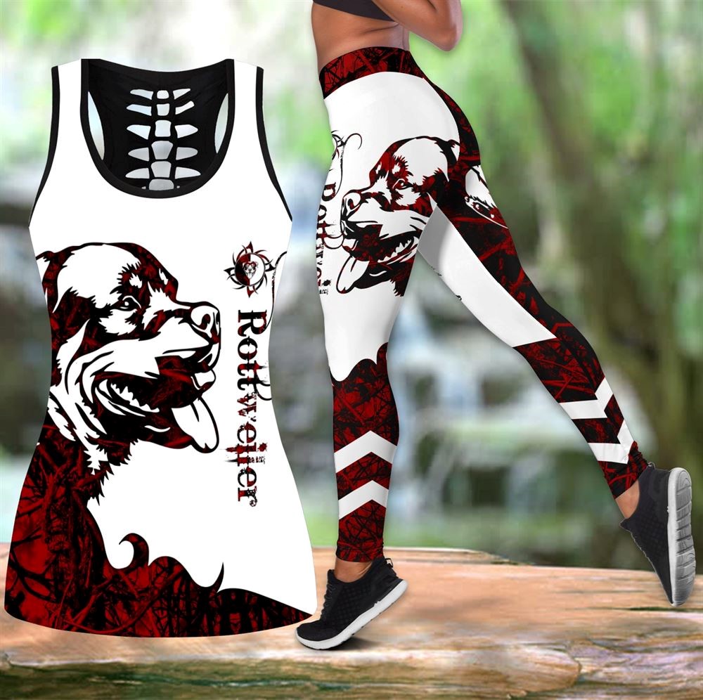 Rottweiler Red Tattoos Workout Set Combo Leggings And Hollow Tank Top For Women Gift For Dog Lovers