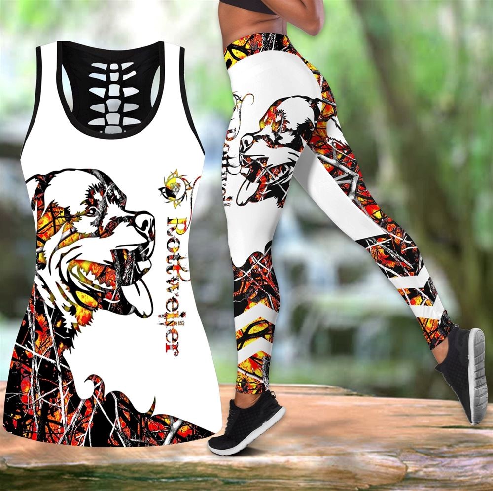 Rottweiler Orange Tattoos Workout Set Combo Leggings And Hollow Tank Top For Women Gift For Dog Lovers