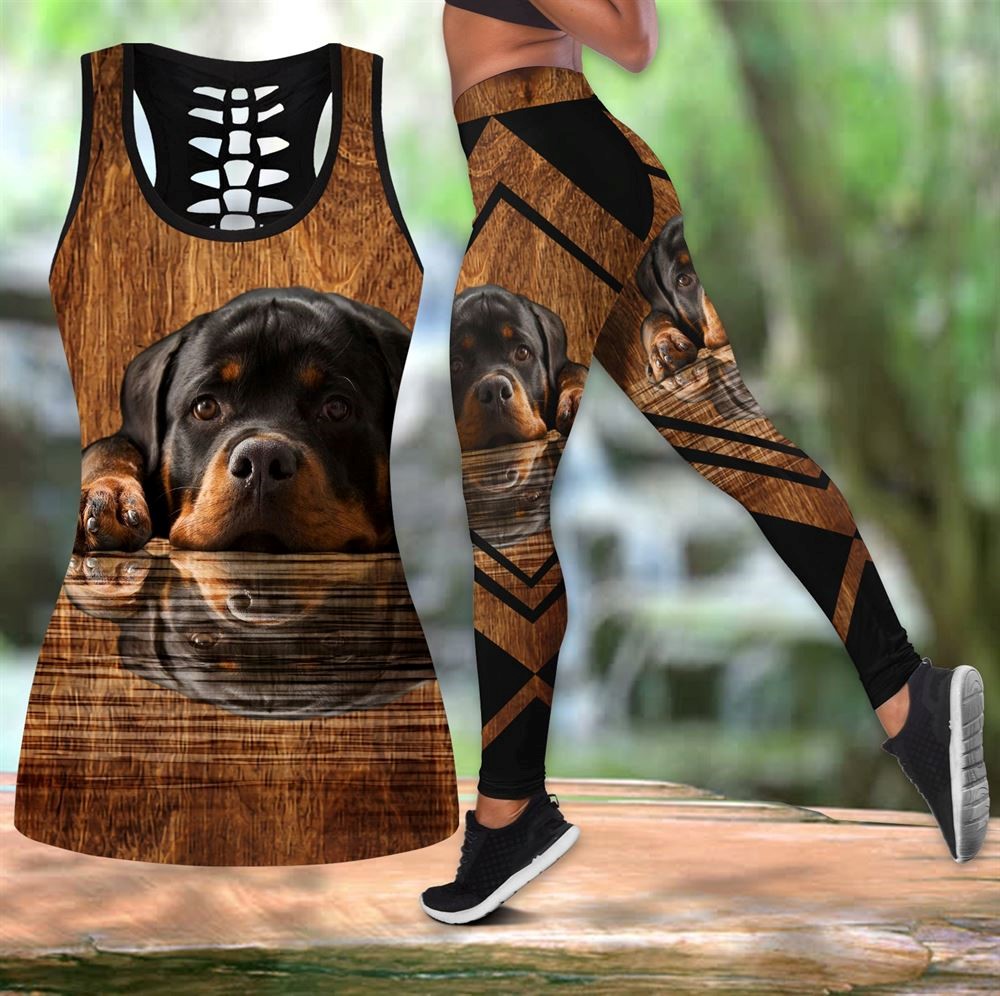 Rottweiler On The Water Workout Set Combo Leggings And Hollow Tank Top For Women Dog Lovers Gift