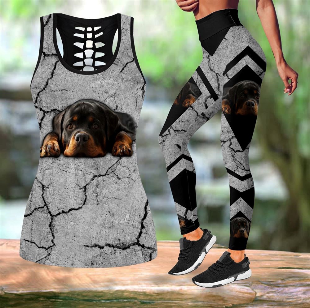 Rottweiler On The Rocks Workout Set Combo Leggings And Hollow Tank Top For Women Gift For Dog Lovers