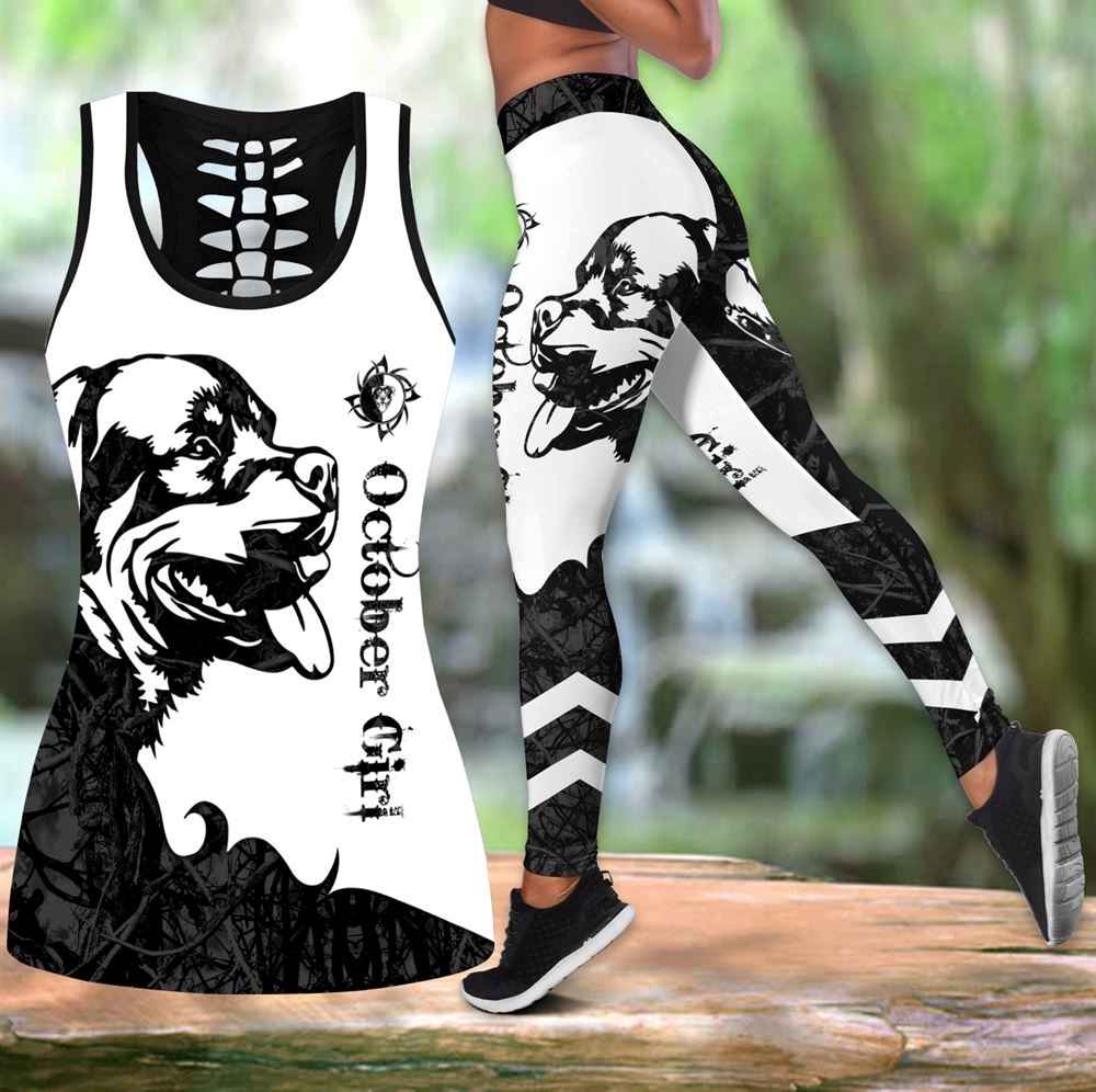 Rottweiler October Girl Tattoos Workout Set Combo Leggings And Hollow Tank Top For Women