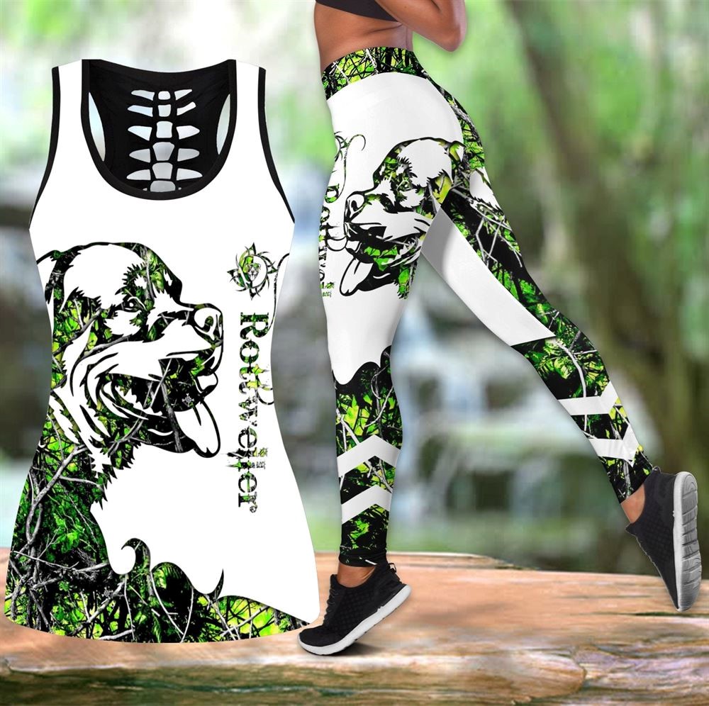 Rottweiler Green Tattoos Workout Set Combo Leggings And Hollow Tank Top For Women Gift For Dog Lovers