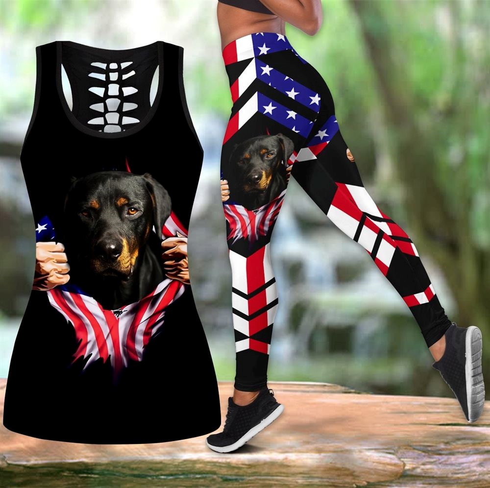 Rottweiler Dog With American Flag Workout Set Combo Leggings And Hollow Tank Top For Women