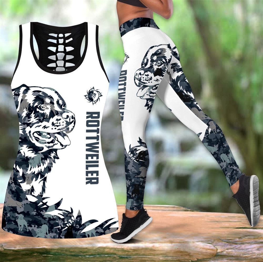 Rottweiler Dog Tattoos Workout Set Combo Leggings And Hollow Tank Top For Women Gift For Dog Lovers