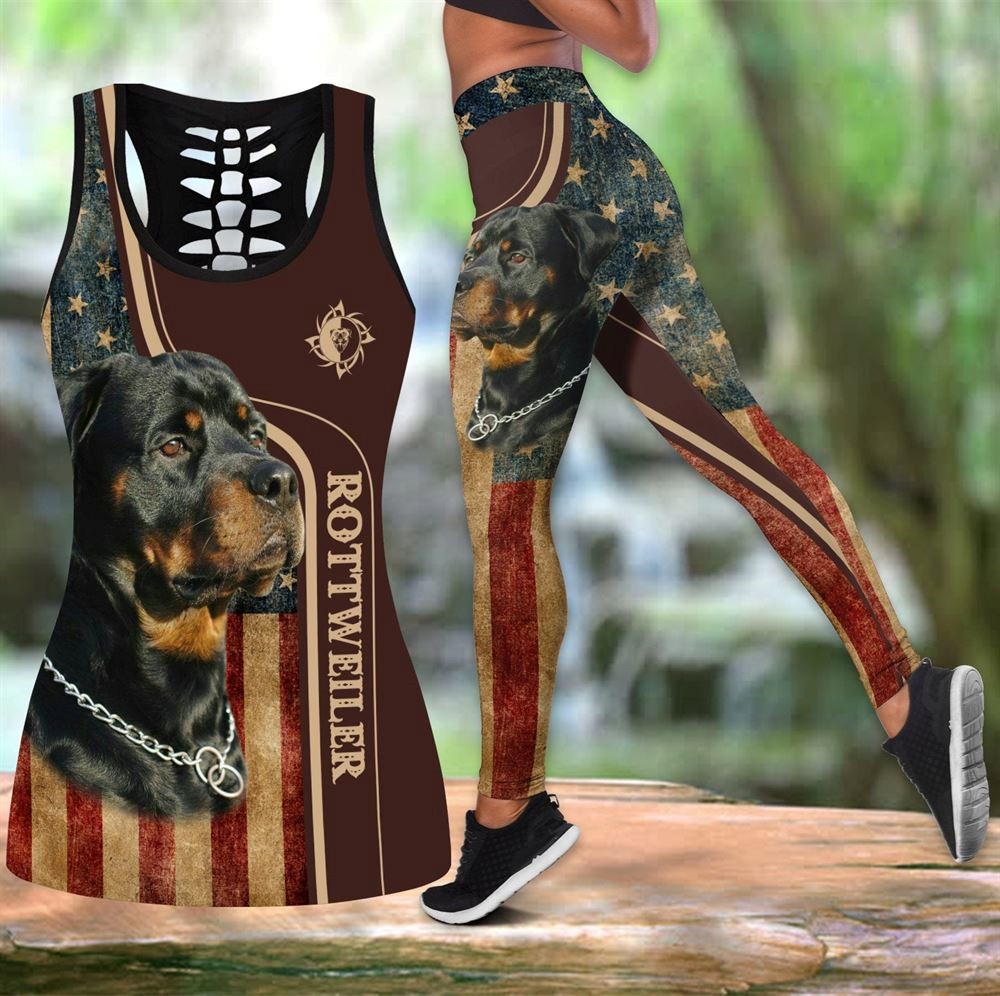 Rottweiler Dog American Flag Workout Set Combo Leggings And Hollow Tank Top For Women Gift For Dog Lovers