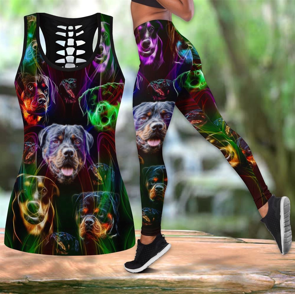 Rottweiler Colorful Tattoos Workout Set Combo Leggings And Hollow Tank Top For Women Gift For Dog Lovers