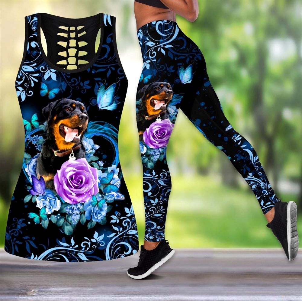 Rottweiler Butterfly Workout Set Combo Leggings And Hollow Tank Top For Women Gift For Dog Lovers