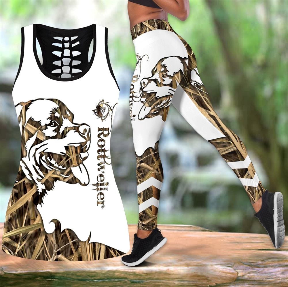 Rottweiler Brown Tattoos Workout Set Combo Leggings And Hollow Tank Top For Women Gift For Dog Lovers