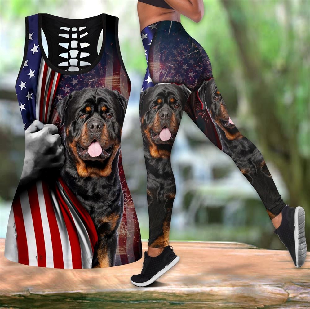 Rottweiler Black With American Flag Workout Set Combo Leggings And Hollow Tank Top For Women