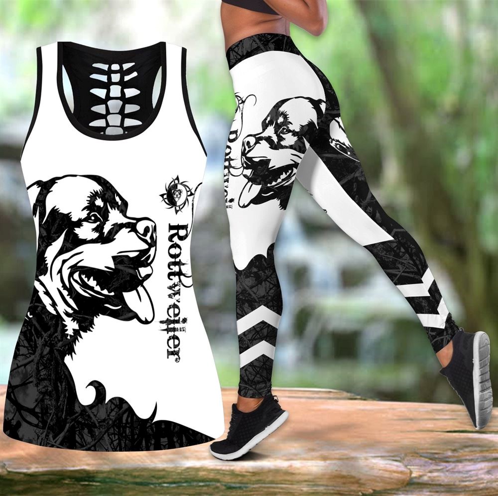 Rottweiler Black Tattoos Workout Set Combo Leggings And Hollow Tank Top For Women Gift For Dog Lovers