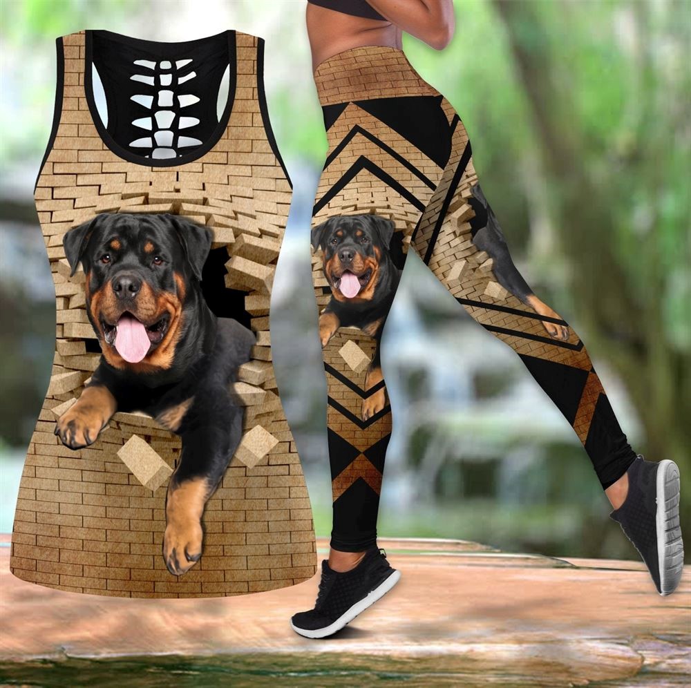 Rottweiler With Rocks Workout Set Combo Leggings And Hollow Tank Top For Women Gift For Dog Lovers