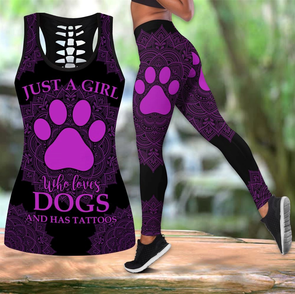 Purple Girl Loves Dogs Tattoos Workout Set Combo Leggings And Hollow Tank Top For Women Gift For Dog Lovers