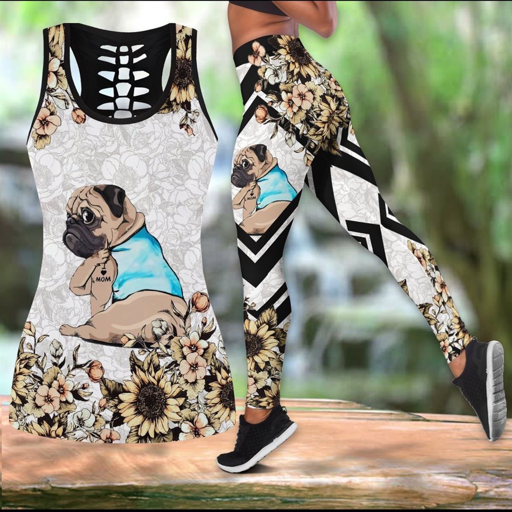 Pug I Love Mom Workout Set Combo Leggings And Hollow Tank Top For Women Gift For Dog Lovers