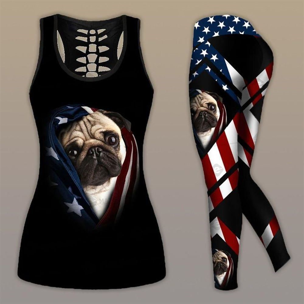 Pug Dog With American Flag Workout Set Combo Leggings And Hollow Tank Top For Women Gift For Dog Lovers