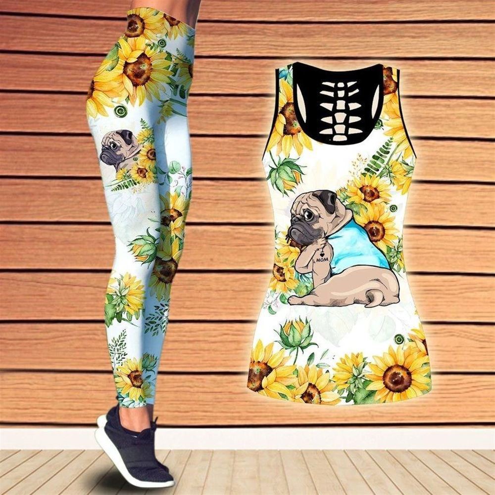 Pug Dog Sunflower Workout Set Combo Leggings And Hollow Tank Top For Women Gift For Dog Lovers