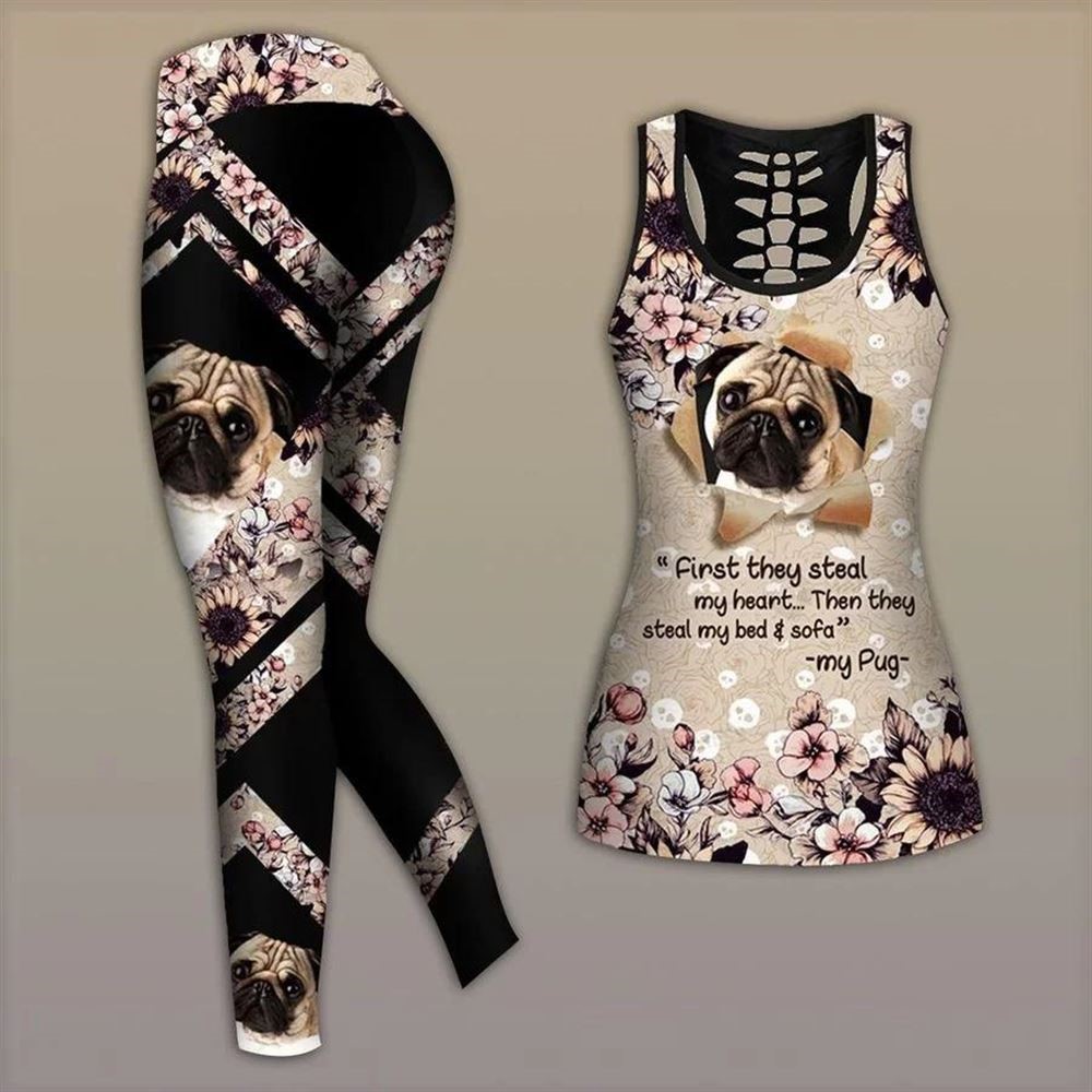 Pug Dog First They Steal My Heart Workout Set Combo Leggings And Hollow Tank Top For Women