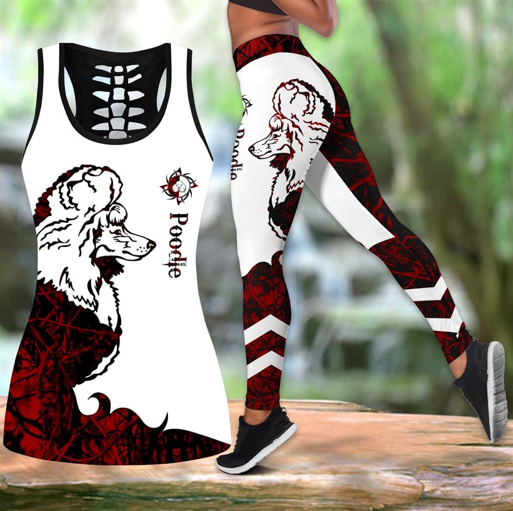 Poodle Red Tattoos Workout Set Combo Leggings And Hollow Tank Top For Women Gift For Dog Lovers