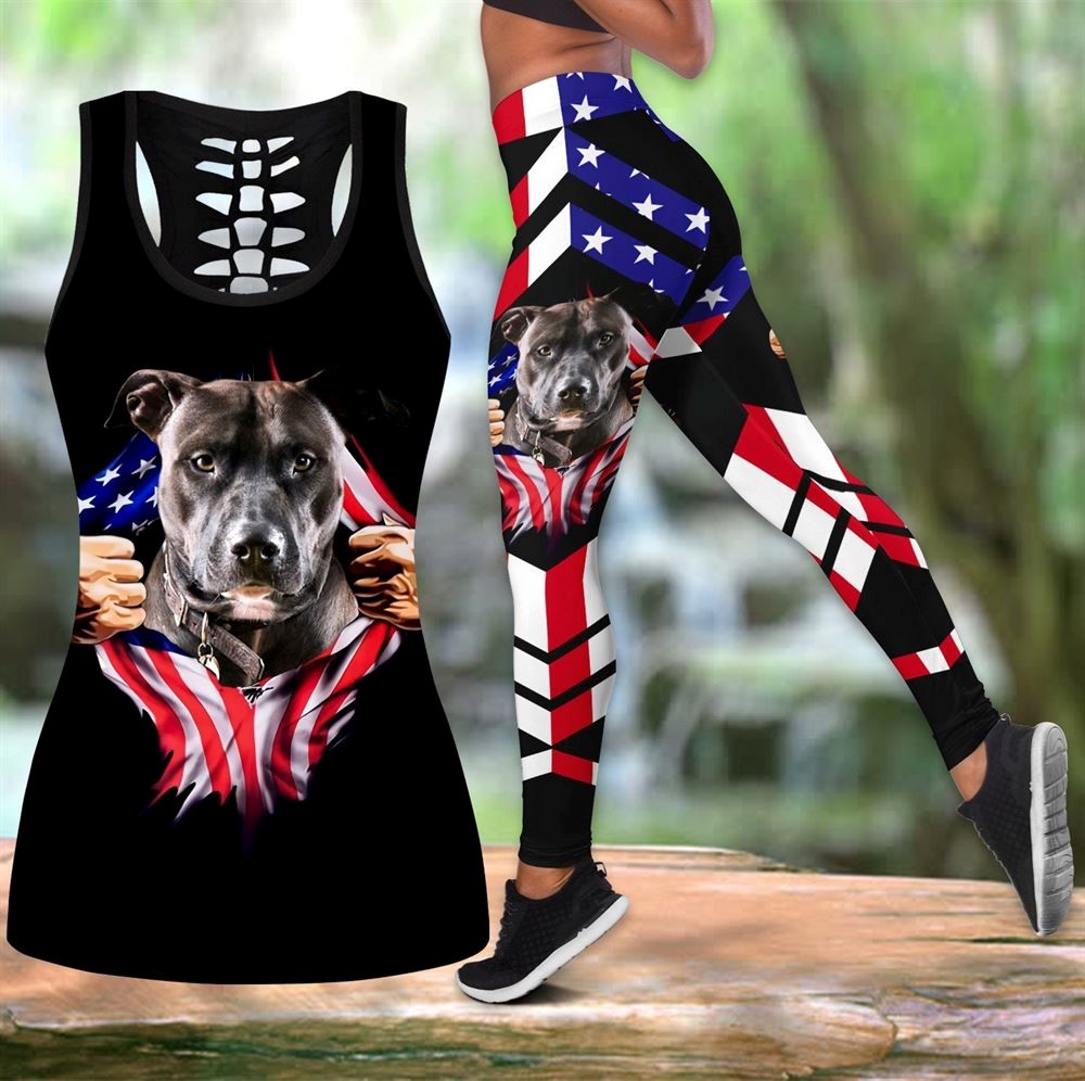 Pitbull With Usa Flag Workout Set Combo Leggings And Hollow Tank Top For Women Dog Lovers Gift