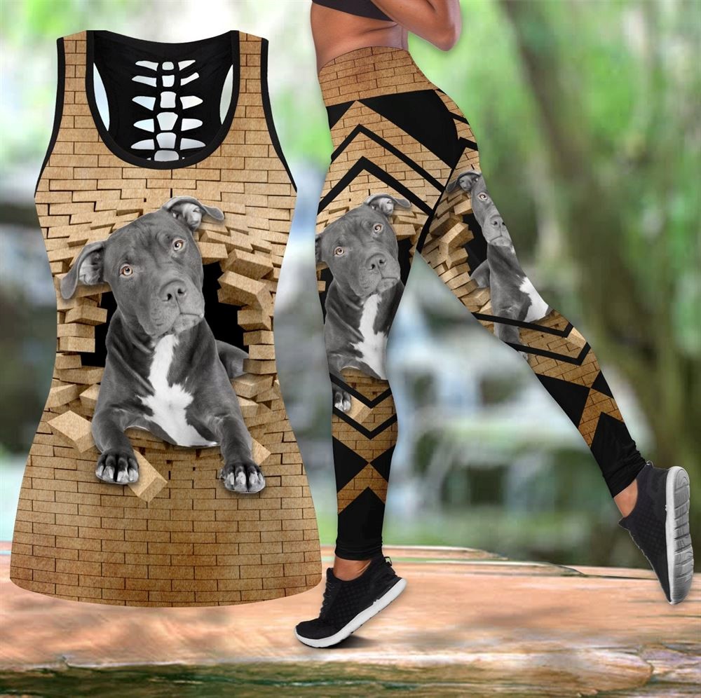 Pitbull With Bricks Workout Set Combo Leggings And Hollow Tank Top For Women Gift For Dog Lovers