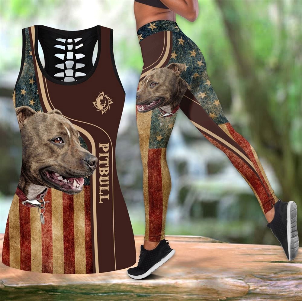 Pitbull With American Flag Workout Set Combo Leggings And Hollow Tank Top For Women Gift For Dog Lovers