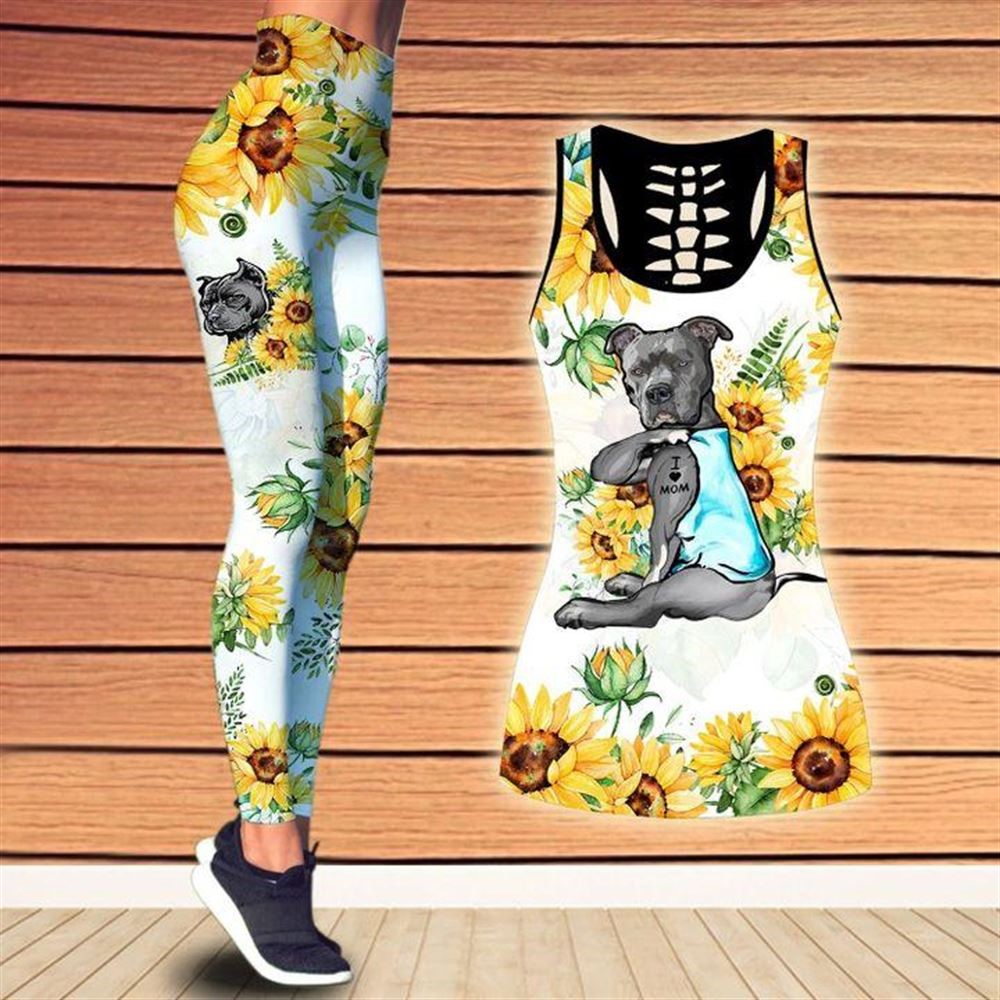 Pitbull With Blue Shirt And Sunflower Workout Set Combo Leggings And Hollow Tank Top For Women