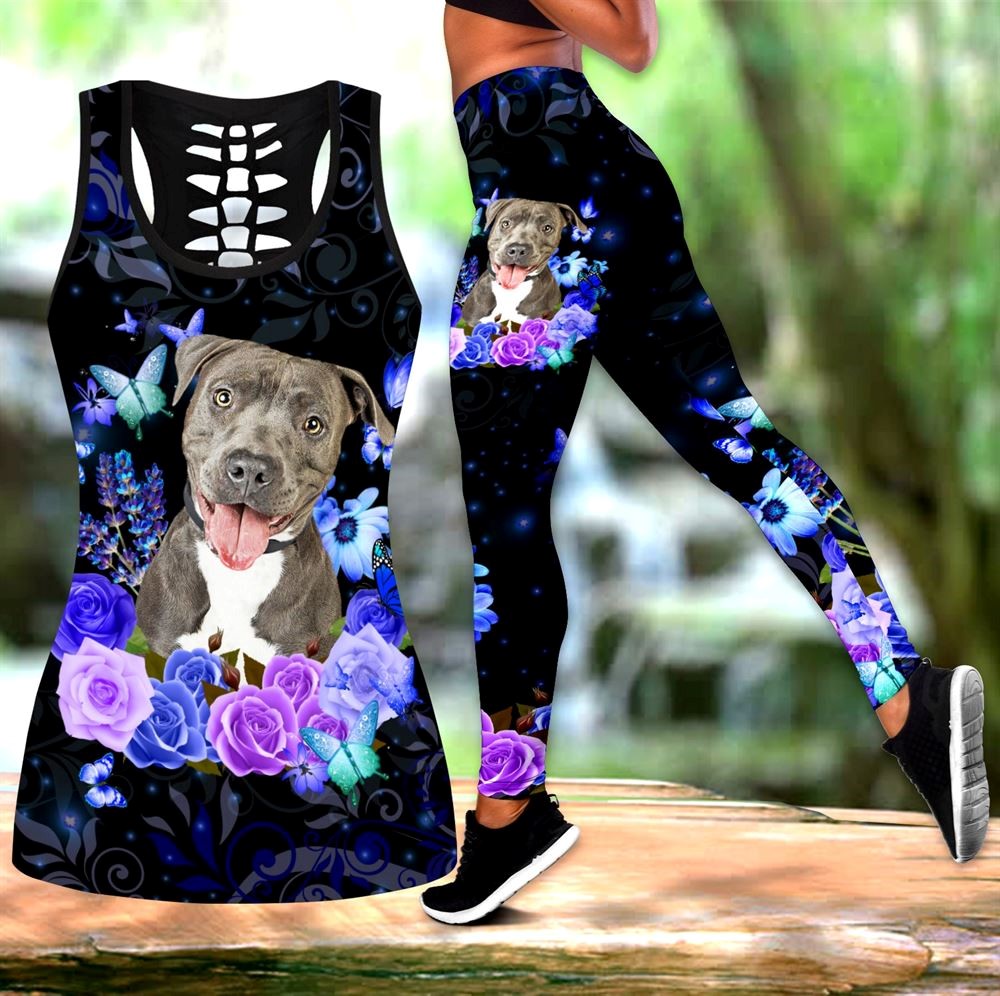 Pitbull Terrier Love Workout Set Combo Leggings And Hollow Tank Top For Women Gift For Dog Lovers