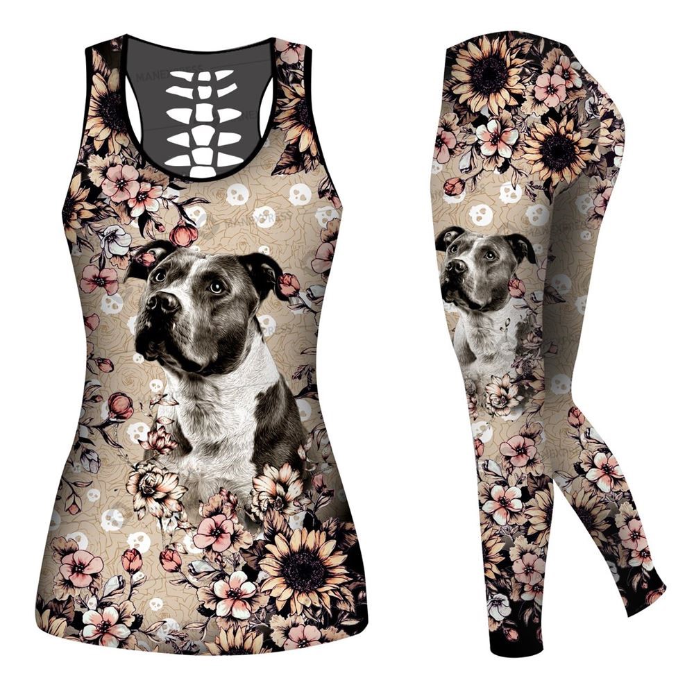 Pitbull Sunflower Workout Set Combo Leggings And Hollow Tank Top For Women Dog Lovers Gift