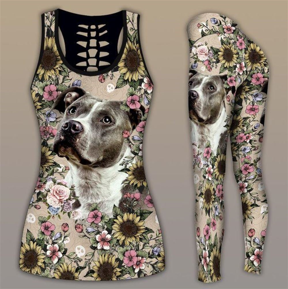 Pitbull Sunflower And Flower Pattern Workout Set Combo Leggings And Hollow Tank Top For Women