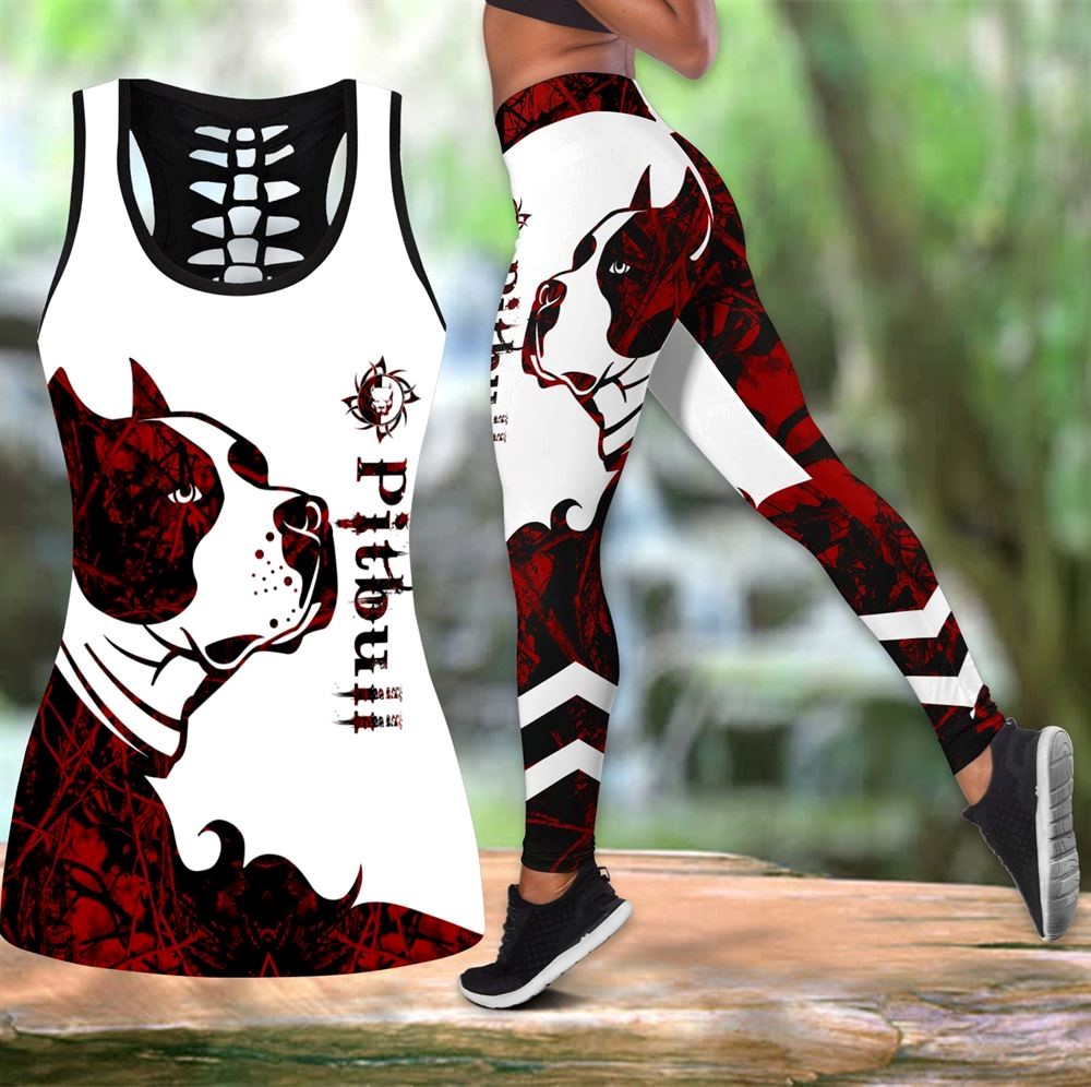 Pitbull Red Tattoos Workout Set Combo Leggings And Hollow Tank Top For Women Gift For Dog Lovers