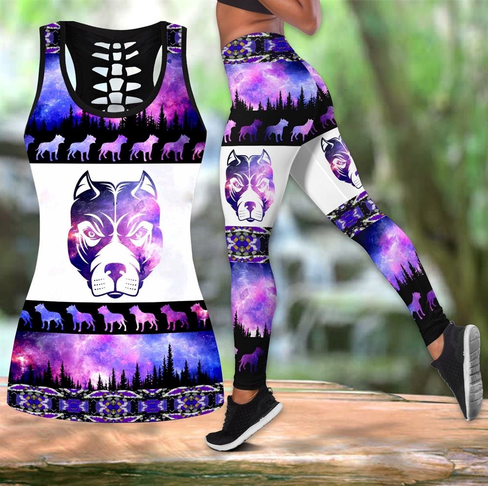 Pitbull Purple Cool Workout Set Combo Leggings And Hollow Tank Top For Women Gift For Dog Lovers