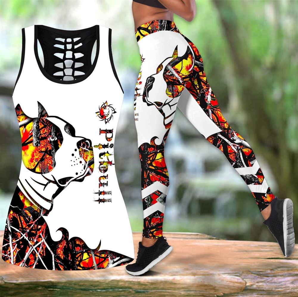 Pitbull Orange Tattoos Workout Set Combo Leggings And Hollow Tank Top For Women Dog Lovers Gift