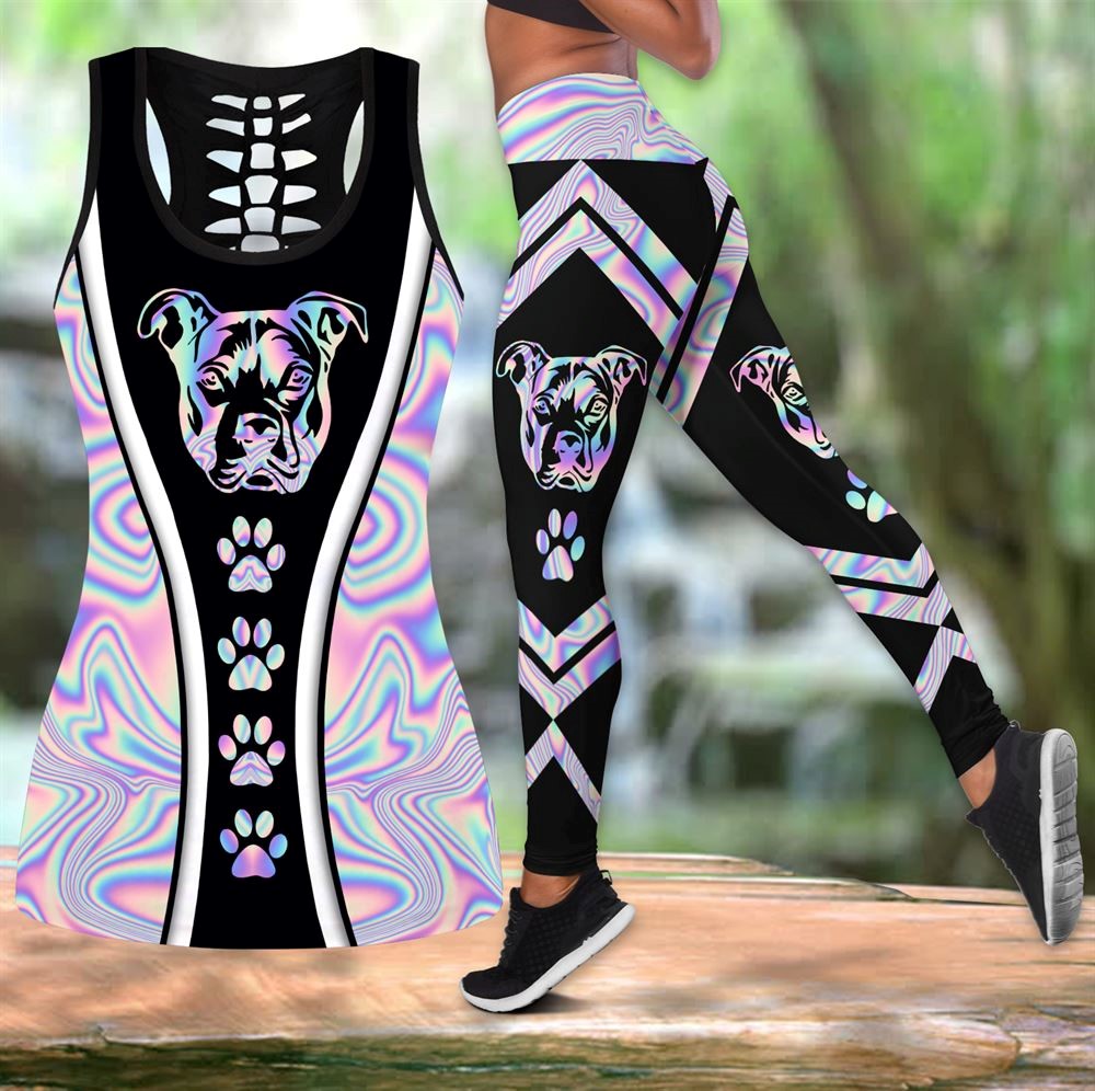 Pitbull Neon Colorful Workout Set Combo Leggings And Hollow Tank Top For Women Perfect Gift For Dog Lovers