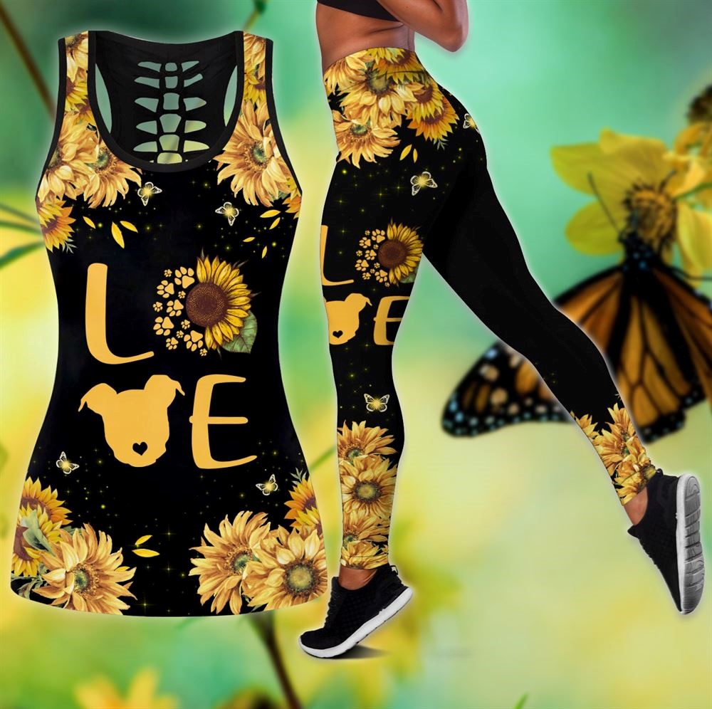 Pitbull Love Sunflower Workout Set Combo Leggings And Hollow Tank Top For Women Dog Lovers Gift