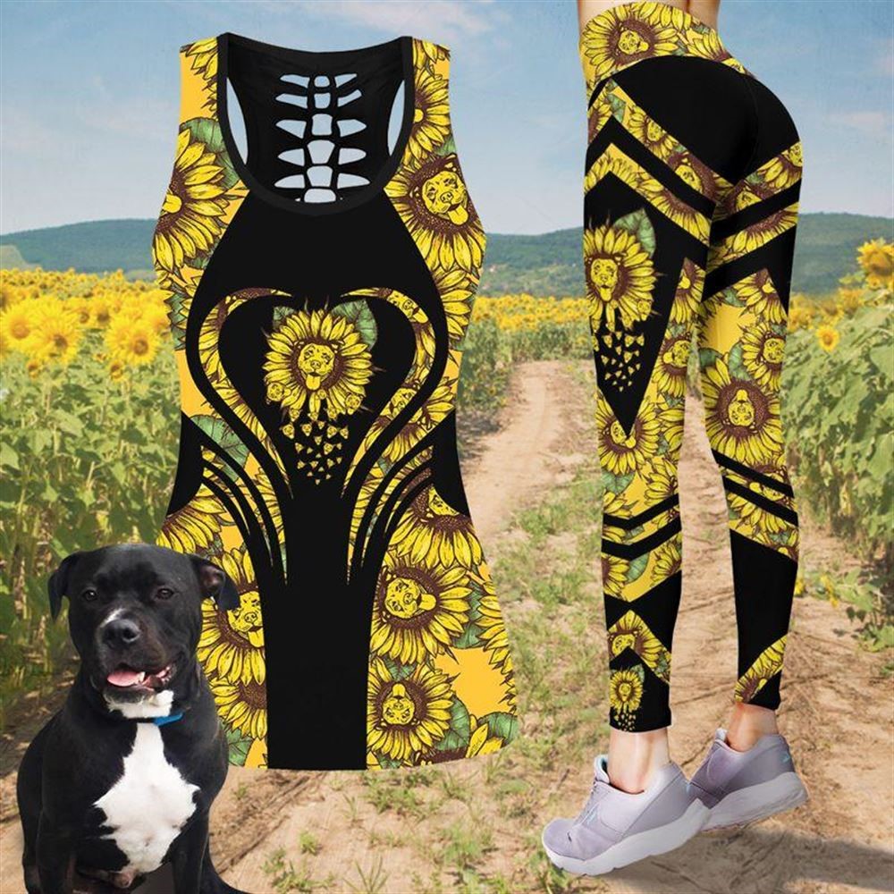 Pitbull In Sunflower Workout Set Combo Leggings And Hollow Tank Top For Women Gift For Dog Lovers