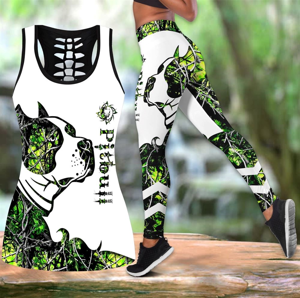 Pitbull Green Tattoos Workout Set Combo Leggings And Hollow Tank Top For Women Gift For Dog Lovers