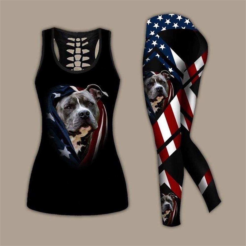 Pitbull Dog With American Flag Workout Set Combo Leggings And Hollow Tank Top For Women Dog Lovers Gift