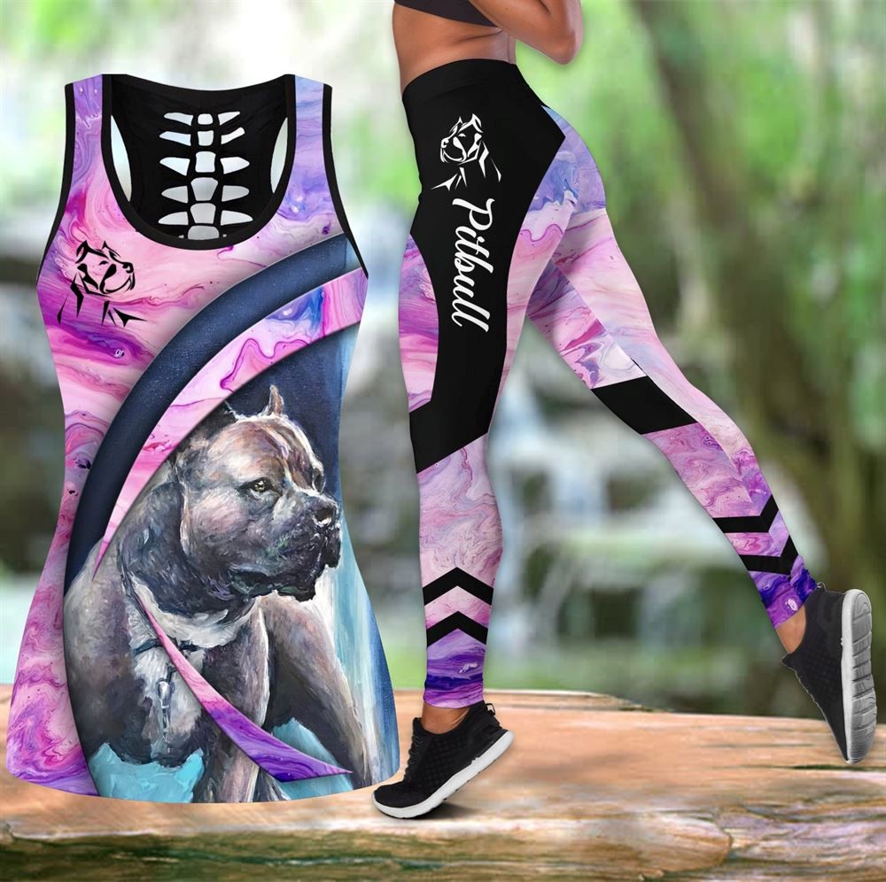 Pitbull Dog So Cool Workout Set Combo Leggings And Hollow Tank Top For Women Perfect Gift For Dog Lovers