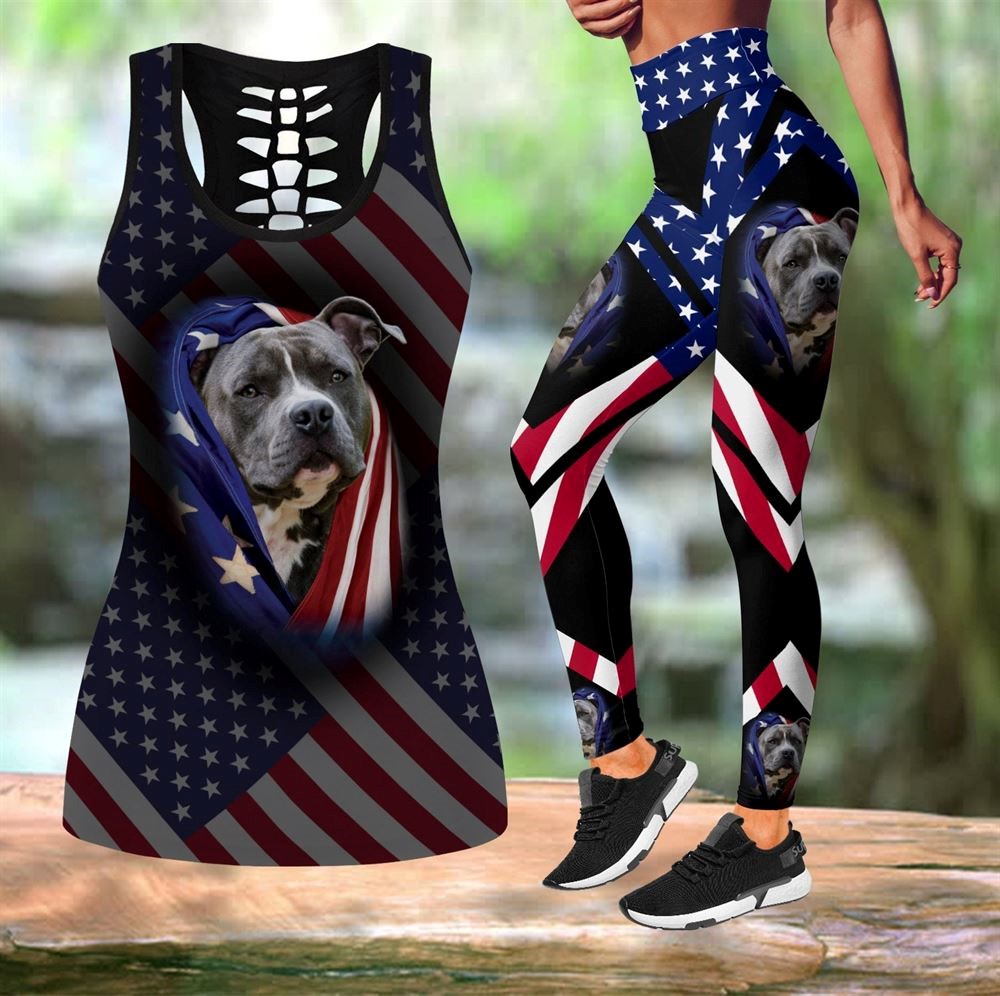 Pitbull Dog American Flag Workout Set Combo Leggings And Hollow Tank Top For Women Gift For Dog Lovers