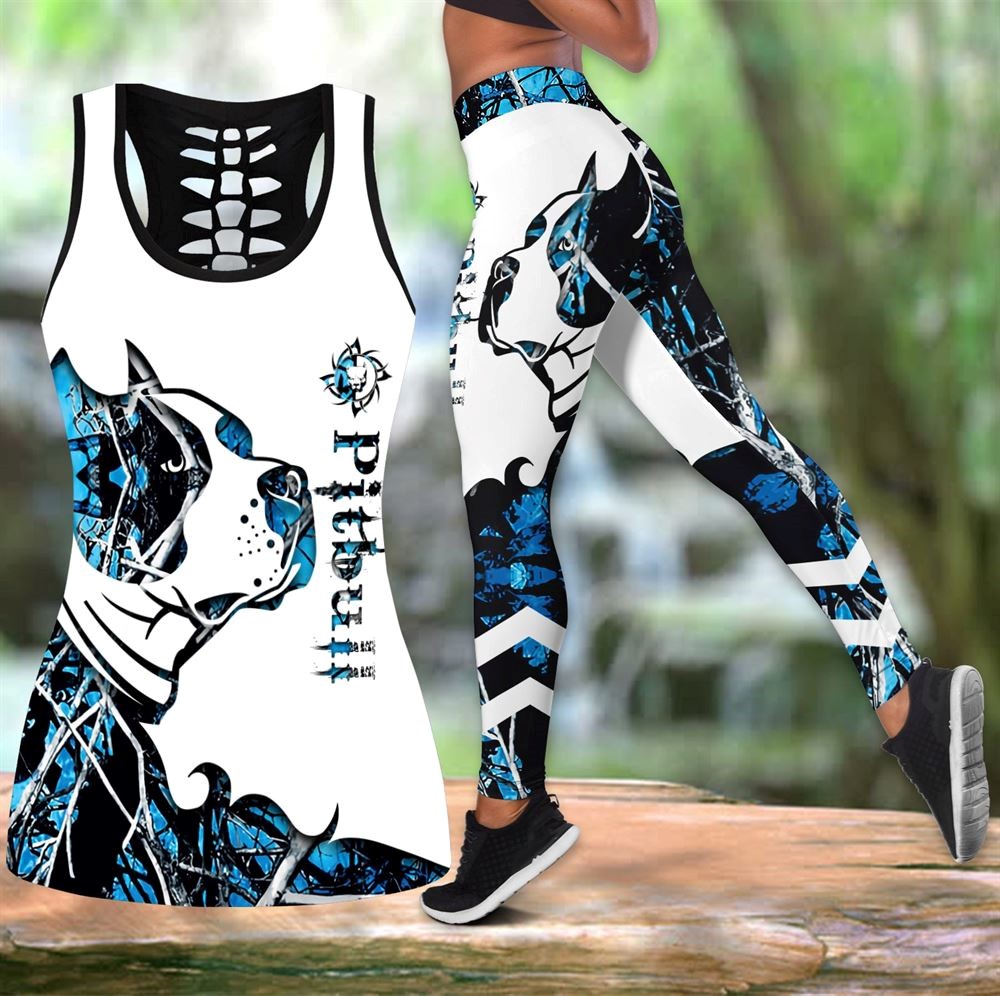 Pitbull Blue Tattoos Workout Set Combo Leggings And Hollow Tank Top For Women Gift For Dog Lovers