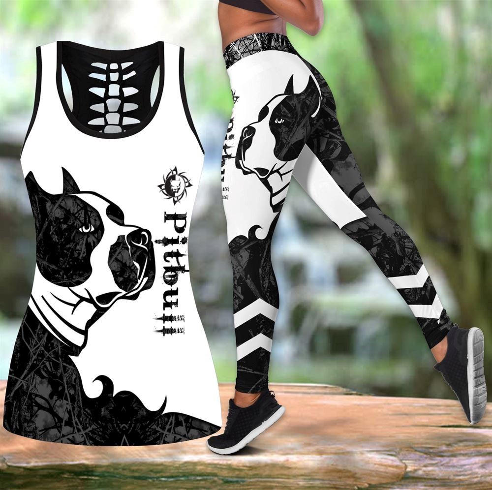 Pitbull Black Tattoos Workout Set Combo Leggings And Hollow Tank Top For Women Dog Lovers Gift