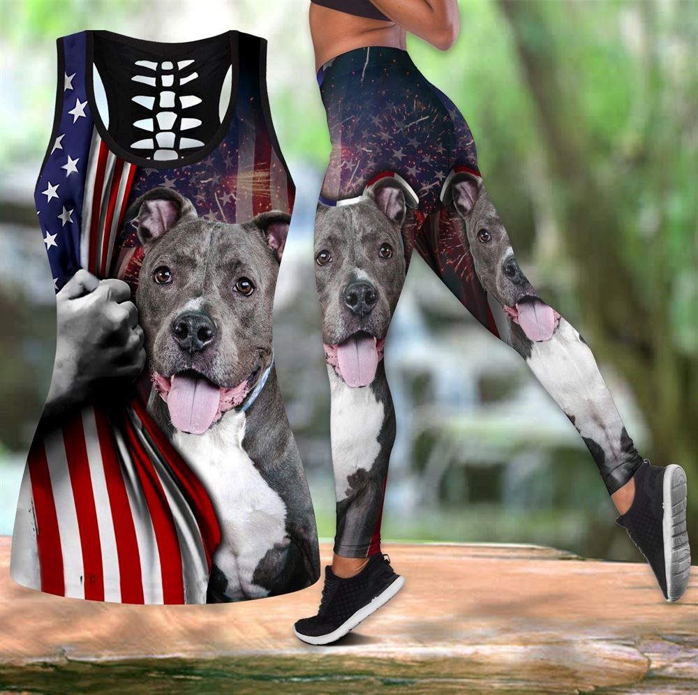 Pitbull America Flag Workout Set Combo Leggings And Hollow Tank Top For Women Gift For Dog Lovers