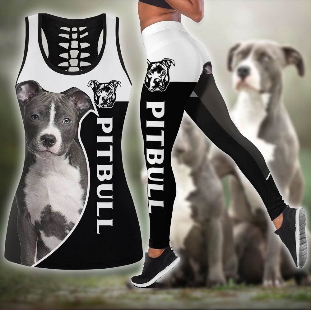 Pit Bull Terrier Sport Workout Set Combo Leggings And Hollow Tank Top For Women Dog Lovers Gift