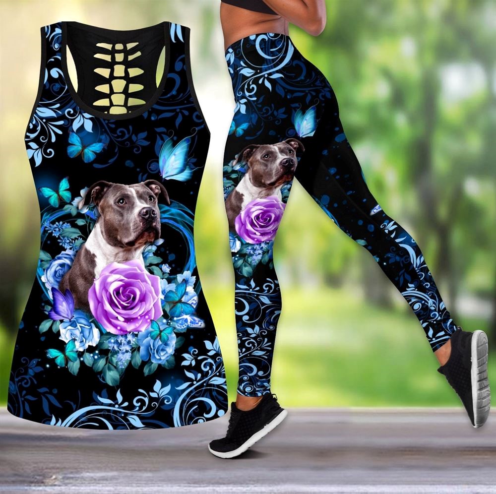 Pit Bull Terrier Butterfly Workout Set Combo Leggings And Hollow Tank Top For Women Gift For Dog Lovers