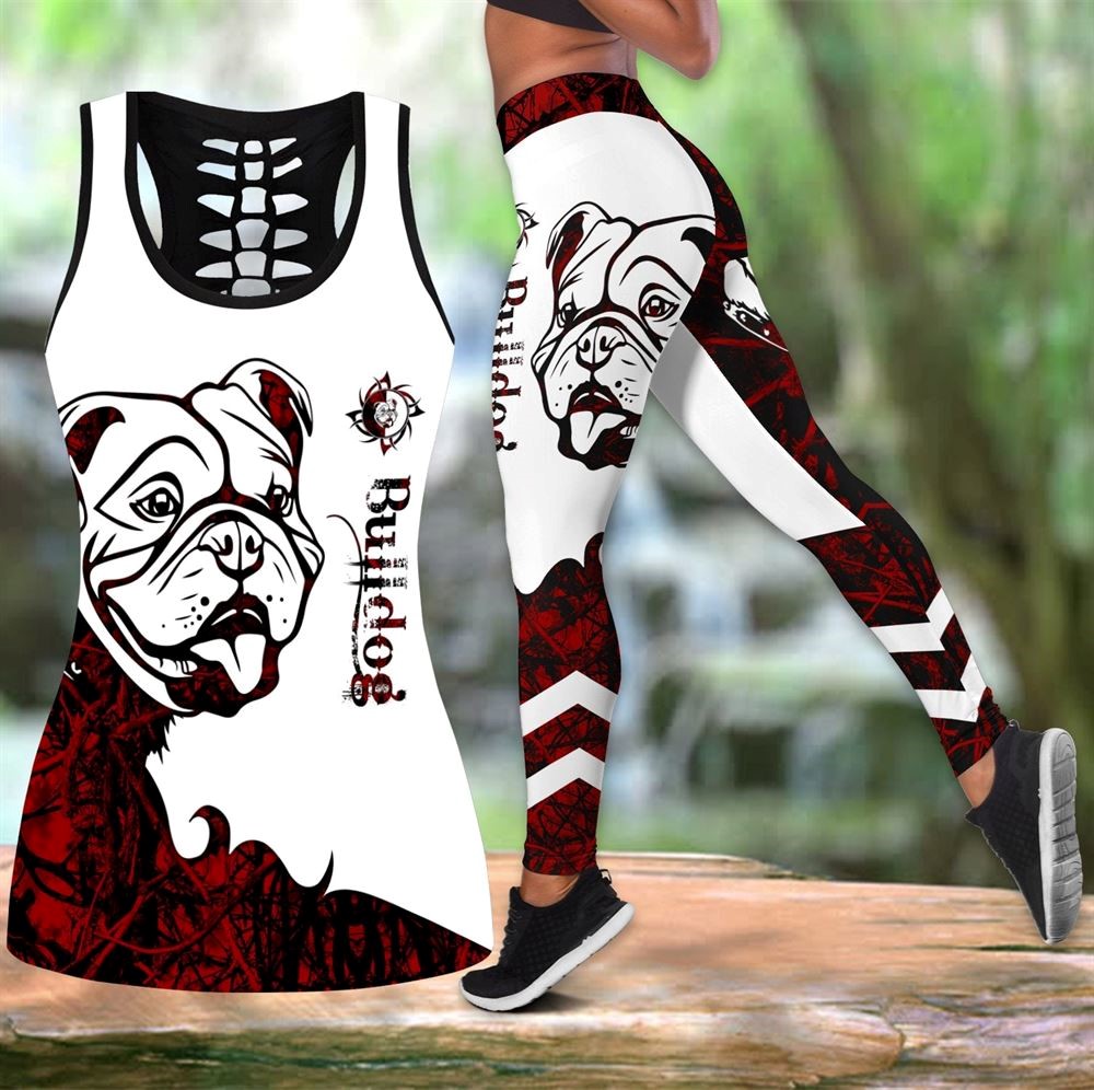 Nao Bulldog Tattoos Workout Set Combo Leggings And Hollow Tank Top For Women Gift For Dog Lovers